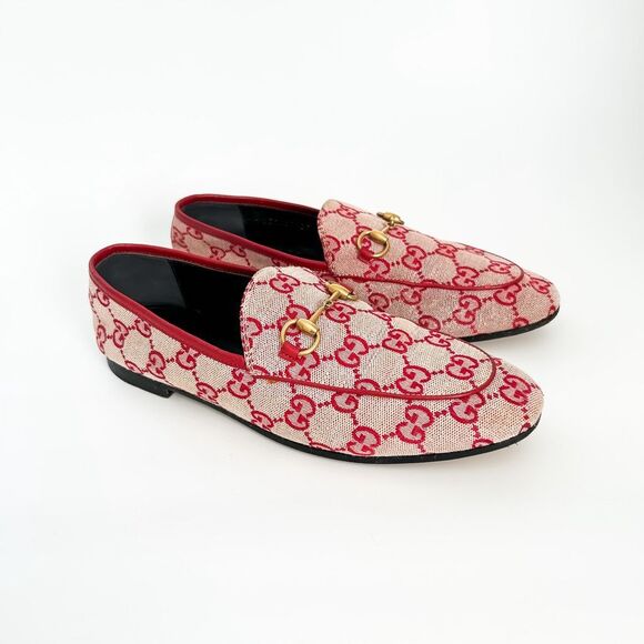 Gucci Jordaan Horsebit Loafer Red GG Canvas Flat Supreme Buckle 37, 7 - Picture 2 of 13